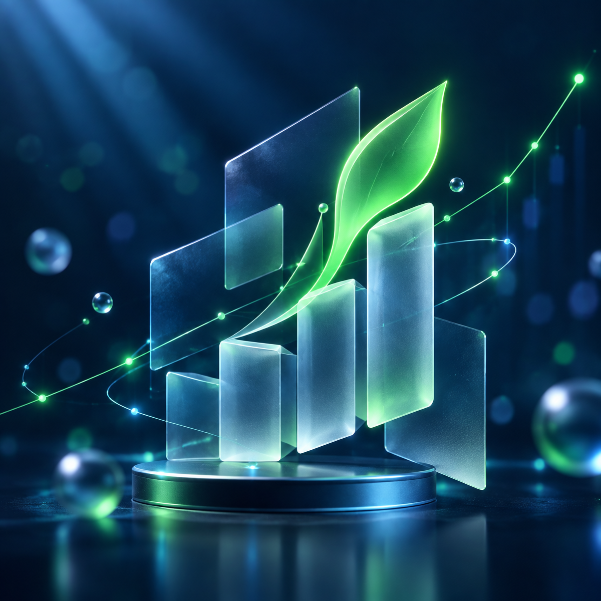 Growth visualization with glass panels and a glowing leaf
